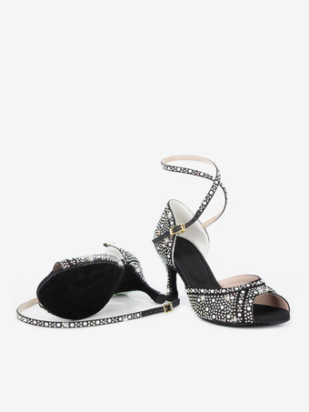 女性用社交ダンスシューズ サテンラインストーン ピープトゥ ハイヒール ラテンダンスシューズ