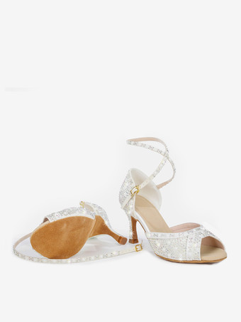 女性用社交ダンスシューズ サテンラインストーン ピープトゥ ハイヒール ラテンダンスシューズ