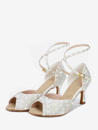 アイボリー女性用社交ダンスシューズ サテンラインストーン ピープトゥ ハイヒール ラテンダンスシューズ