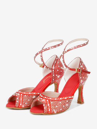 レッド 女性用社交ダンスシューズ サテンラインストーン ピープトゥ ハイヒール ラテンダンスシューズ