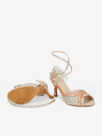 女性用社交ダンスシューズ サテンラインストーン ピープトゥ ハイヒール ラテンダンスシューズ