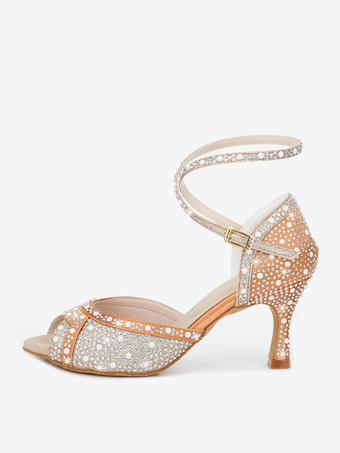 女性用社交ダンスシューズ サテンラインストーン ピープトゥ ハイヒール ラテンダンスシューズ