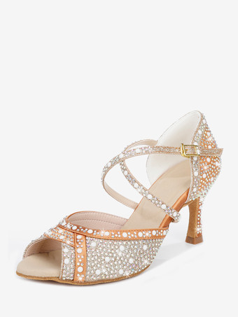 女性用社交ダンスシューズ サテンラインストーン ピープトゥ ハイヒール ラテンダンスシューズ