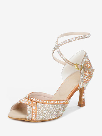 女性用社交ダンスシューズ サテンラインストーン ピープトゥ ハイヒール ラテンダンスシューズ