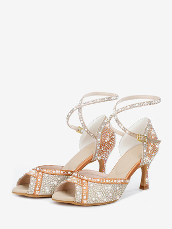 ブラウン女性用社交ダンスシューズ サテンラインストーン ピープトゥ ハイヒール ラテンダンスシューズ