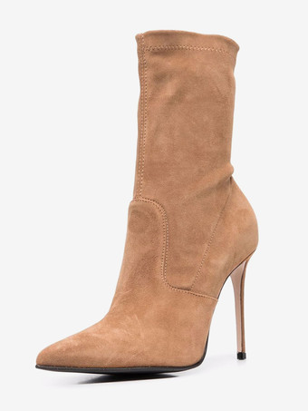 ブラウンスエードアンクルブーツ レディース ポインテッドトゥ ハイヒール ブーティ