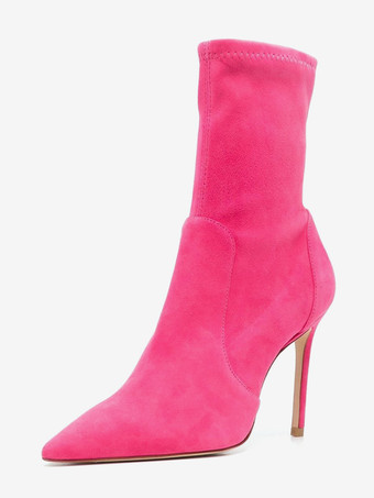 ローズレッドスエードアンクルブーツ レディース ポインテッドトゥ ハイヒール ブーティ