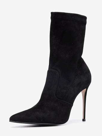 ブラック スエードアンクルブーツ レディース ポインテッドトゥ ハイヒール ブーティ
