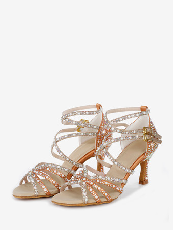 ブラウンラテンダンスシューズ レディース オープントゥ パール ハイヒール 社交ダンスシューズ