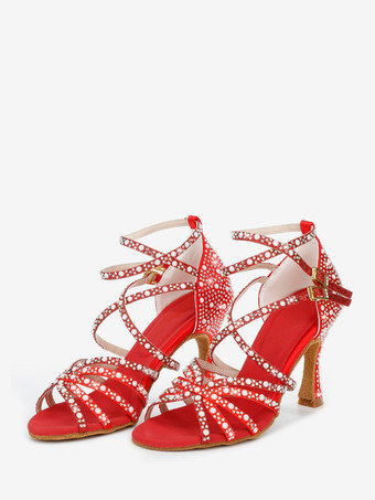 レッド ラテンダンスシューズ レディース オープントゥ パール ハイヒール 社交ダンスシューズ