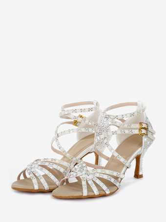 アイボリーラテンダンスシューズ レディース オープントゥ パール ハイヒール 社交ダンスシューズ