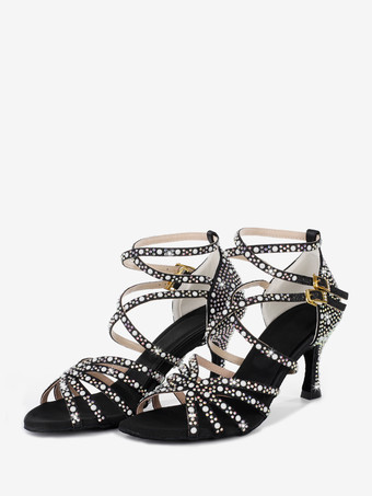 ブラック ラテンダンスシューズ レディース オープントゥ パール ハイヒール 社交ダンスシューズ