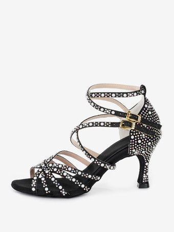 ラテンダンスシューズ レディース オープントゥ パール ハイヒール 社交ダンスシューズ