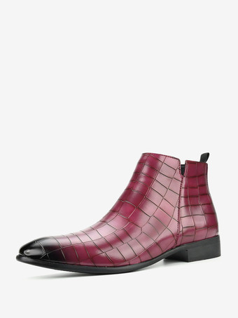 BurgunderrotSchwarze Herren-Chelsea-Boots mit runder Zehenpartie und Steinmuster