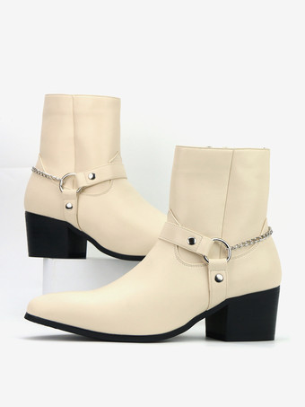 ブラックアンクルブーツ メンズ ラウンドトゥ チェーンディテール チャンキーヒール ブーティ