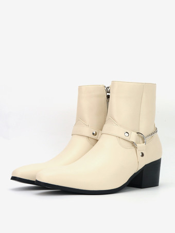 ブラックアンクルブーツ メンズ ラウンドトゥ チェーンディテール チャンキーヒール ブーティ