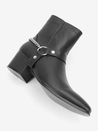 ブラックアンクルブーツ メンズ ラウンドトゥ チェーンディテール チャンキーヒール ブーティ