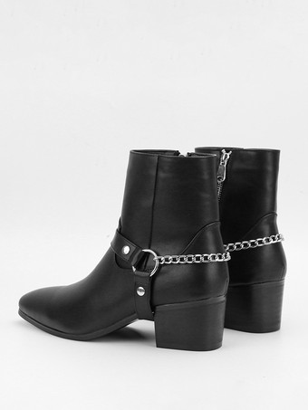 ブラックアンクルブーツ メンズ ラウンドトゥ チェーンディテール チャンキーヒール ブーティ
