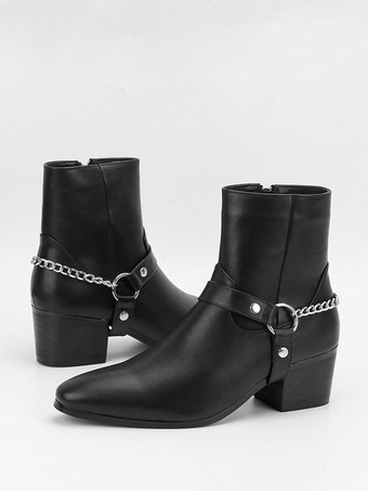 ブラックアンクルブーツ メンズ ラウンドトゥ チェーンディテール チャンキーヒール ブーティ