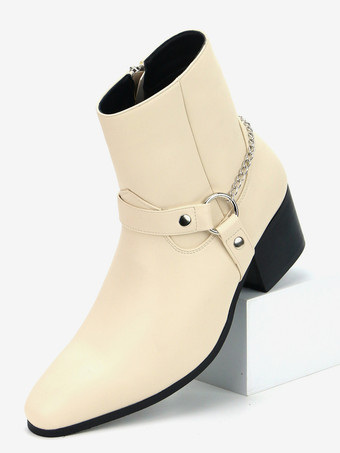 ブラックアンクルブーツ メンズ ラウンドトゥ チェーンディテール チャンキーヒール ブーティ