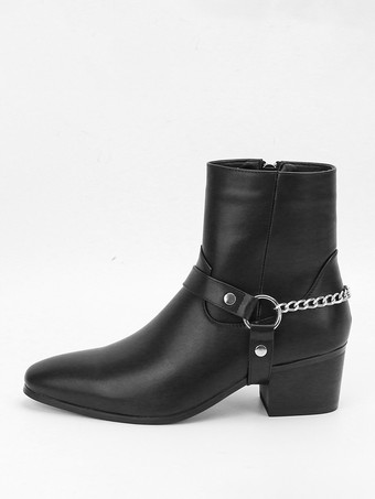ブラックアンクルブーツ メンズ ラウンドトゥ チェーンディテール チャンキーヒール ブーティ