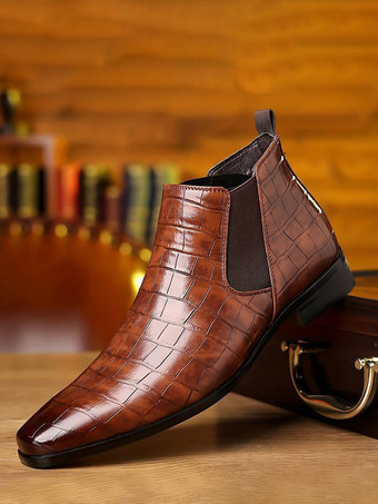 DunkelbraunSchwarze Herren-Chelsea-Boots mit runder Zehenpartie und Steinmuster