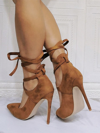 ハイヒール パーティーシューズ コーヒー ブラウン ポインテッドトゥ スティレットヒール レースアップ イブニングシューズ