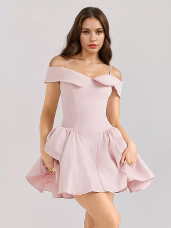 ピンク リトルブラックドレススパゲッティストラップフレア誕生日パーティーミニドレス