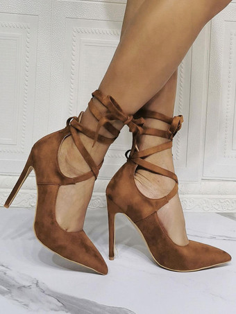 ハイヒール パーティーシューズ コーヒー ブラウン ポインテッドトゥ スティレットヒール レースアップ イブニングシューズ