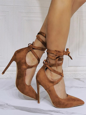 ハイヒール パーティーシューズ コーヒー ブラウン ポインテッドトゥ スティレットヒール レースアップ イブニングシューズ