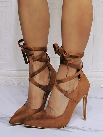 ハイヒール パーティーシューズ コーヒー ブラウン ポインテッドトゥ スティレットヒール レースアップ イブニングシューズ