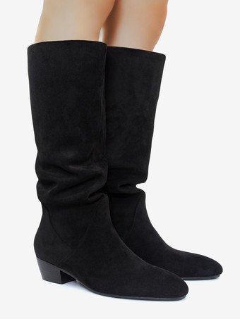 レディース スエード スラウチブーツ ラウンドトゥ フラット ミッドクラフブーツ