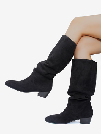 レディース スエード スラウチブーツ ラウンドトゥ フラット ミッドクラフブーツ