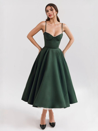 ダークグリーンソフトピンクのコルセットミディドレス スウィートハートネックストラップ Aライン バースデーパーティードレス レディース 2025