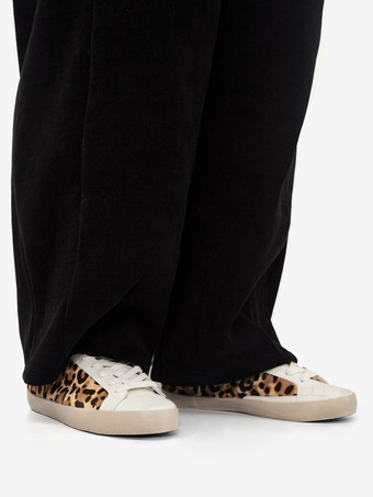 ヒョウ柄ホースヘアスニーカー ラウンドトゥ レースアップ スケートスニーカー