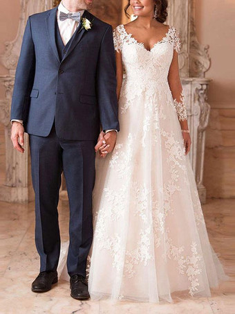 Aライン ウェディングドレス Vネック 長袖 レース コートトレーン ブライダルガウン 自由なカスタマイズ