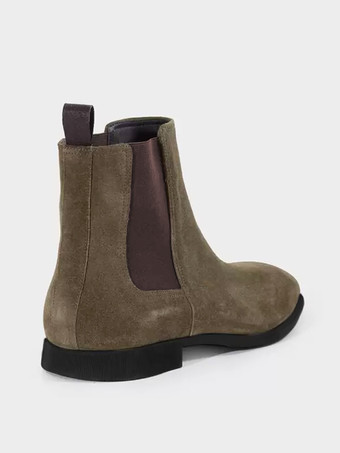 メンズブーツ チェルシーブーツ オリーブ マイクロスエードアッパー スクエアトゥ スリップオン アンクルブーツ