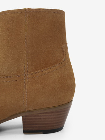 メンズブーツ コーヒーブラウン スエード ジッパー トゥスプリングブーツ スリップオン ポインテッドトゥ ミッドヒール アンクルブーツ