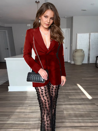 ワインレッド レディース ツーピースセット ブラック カットアウト ブレザーとリーフ柄 シアーパンツ 春 カジュアル アウトフィット 2025