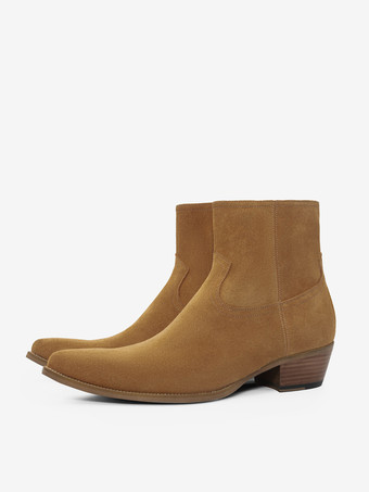 メンズブーツ コーヒーブラウン スエード ジッパー トゥスプリングブーツ スリップオン ポインテッドトゥ ミッドヒール アンクルブーツ