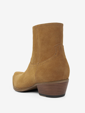 メンズブーツ コーヒーブラウン スエード ジッパー トゥスプリングブーツ スリップオン ポインテッドトゥ ミッドヒール アンクルブーツ