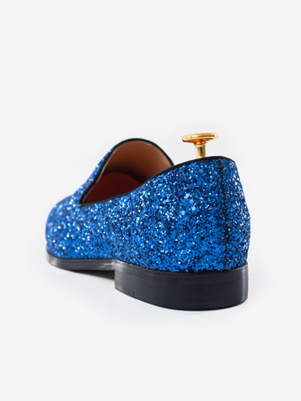 メンズ ブルー グリッター スパンコール リベット ローファー ラウンドトゥ スリッポン プロム パーティー ウェディングシューズ