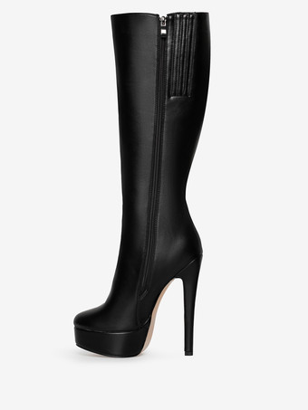 ブラック プラットフォーム ニーハイブーツ ラウンドトゥ ハイヒールブーツ