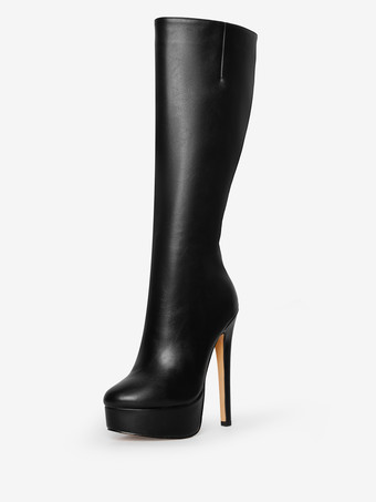 ブラック プラットフォーム ニーハイブーツ ラウンドトゥ ハイヒールブーツ