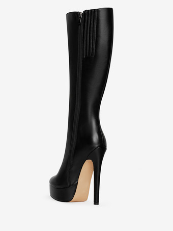 ブラック プラットフォーム ニーハイブーツ ラウンドトゥ ハイヒールブーツ