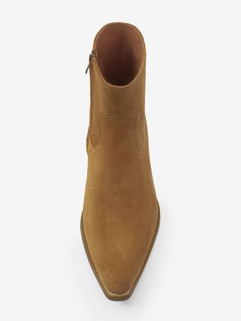 メンズブーツ コーヒーブラウン スエード ジッパー トゥスプリングブーツ スリップオン ポインテッドトゥ ミッドヒール アンクルブーツ