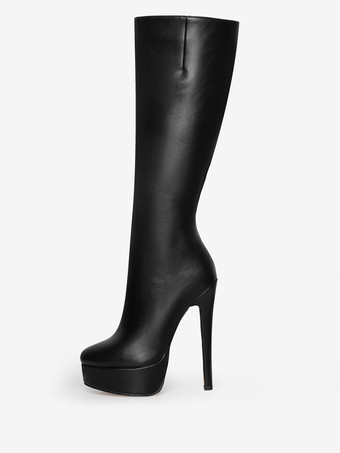 ブラック プラットフォーム ニーハイブーツ ラウンドトゥ ハイヒールブーツ