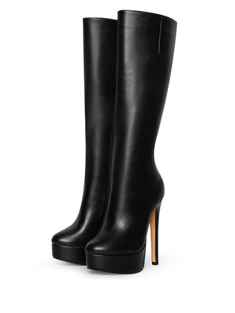 ブラック プラットフォーム ニーハイブーツ ラウンドトゥ ハイヒールブーツ