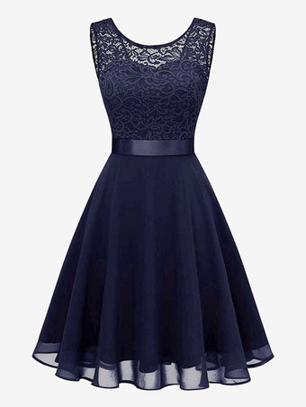 ダークネイビーレトログラマードレス 1950年代 オードリー ヘップバーン スタイル ジュエルネック リボン レイヤード ノースリーブ ミディアム ピンク ロカビリードレス