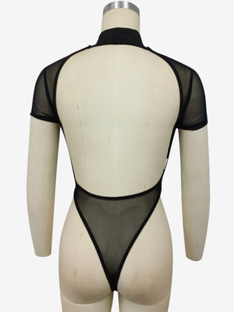 Short Sleeves Bodysuit Black High Collar Backless Backless Casual Lycra Spandex Women Top